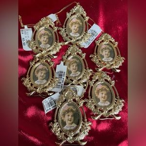 Holiday gold miniature frame ornaments. Set of 7.